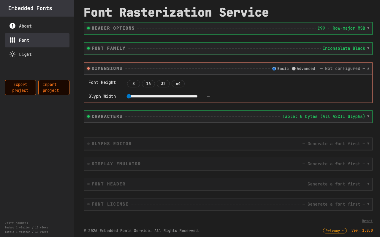 glyph width slider changing readability of a JetBrains Mono bitmap font for an embedded display