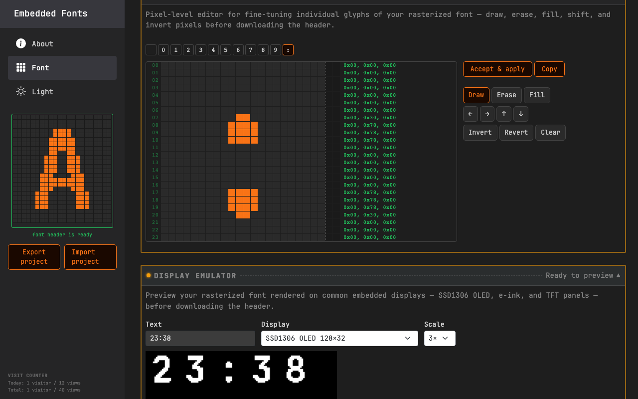 SSD1306 OLED display emulator showing custom bitmap font